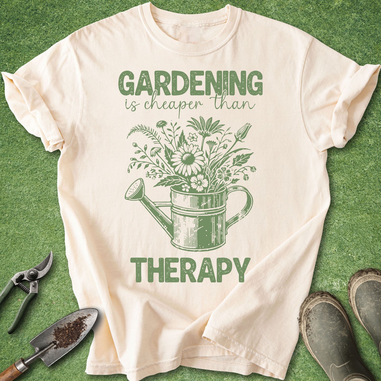 Beige t-shirt with green gardening graphic and text on a grass background