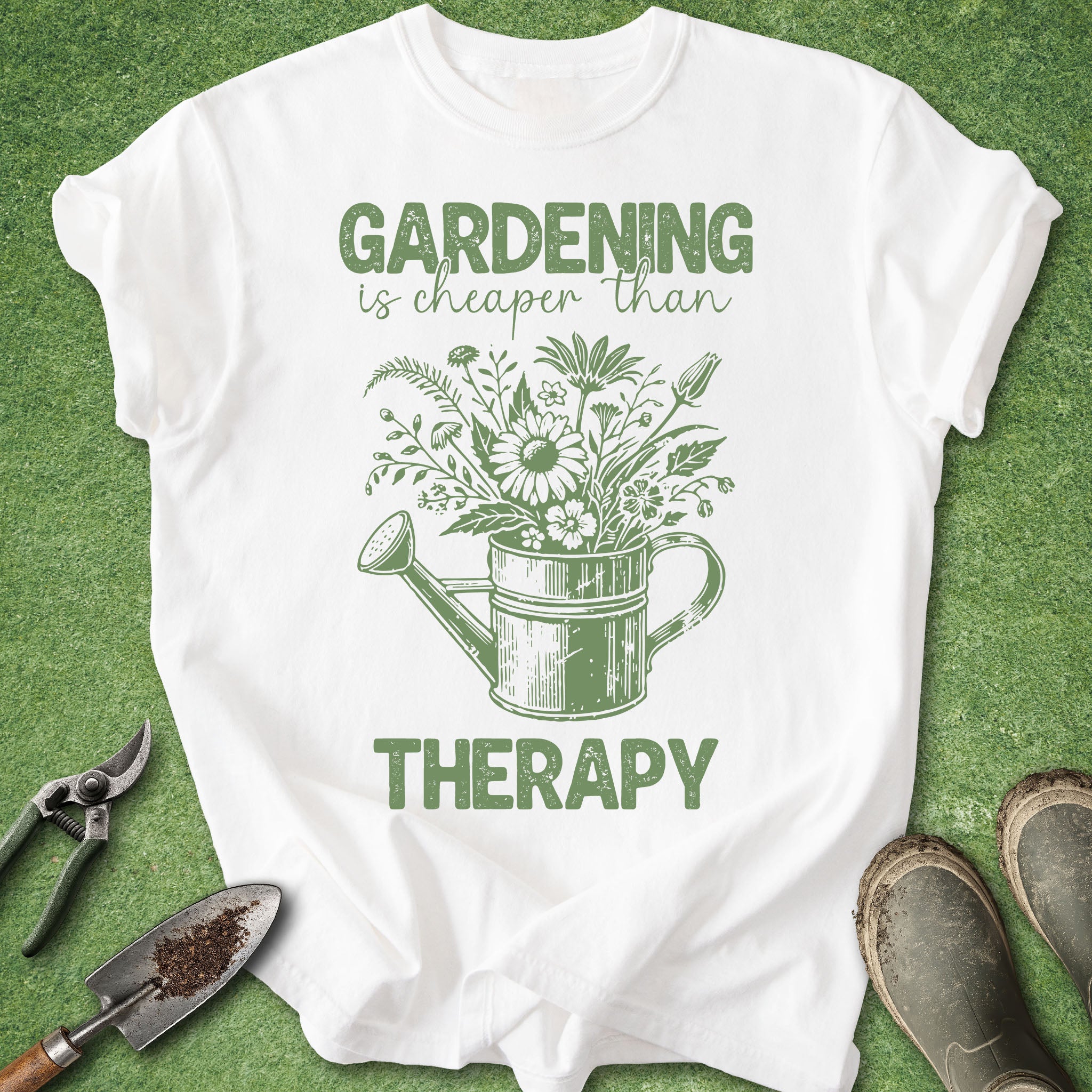White t-shirt with gardening-themed design and text on a green background