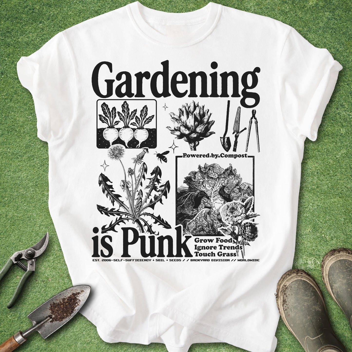 Comfort Colors white t-shirt featuring the phrase "Gardening Is Punk" with vintage botanical illustrations, vegetables, dandelions, compost artwork, and classic gardening tools in black ink.