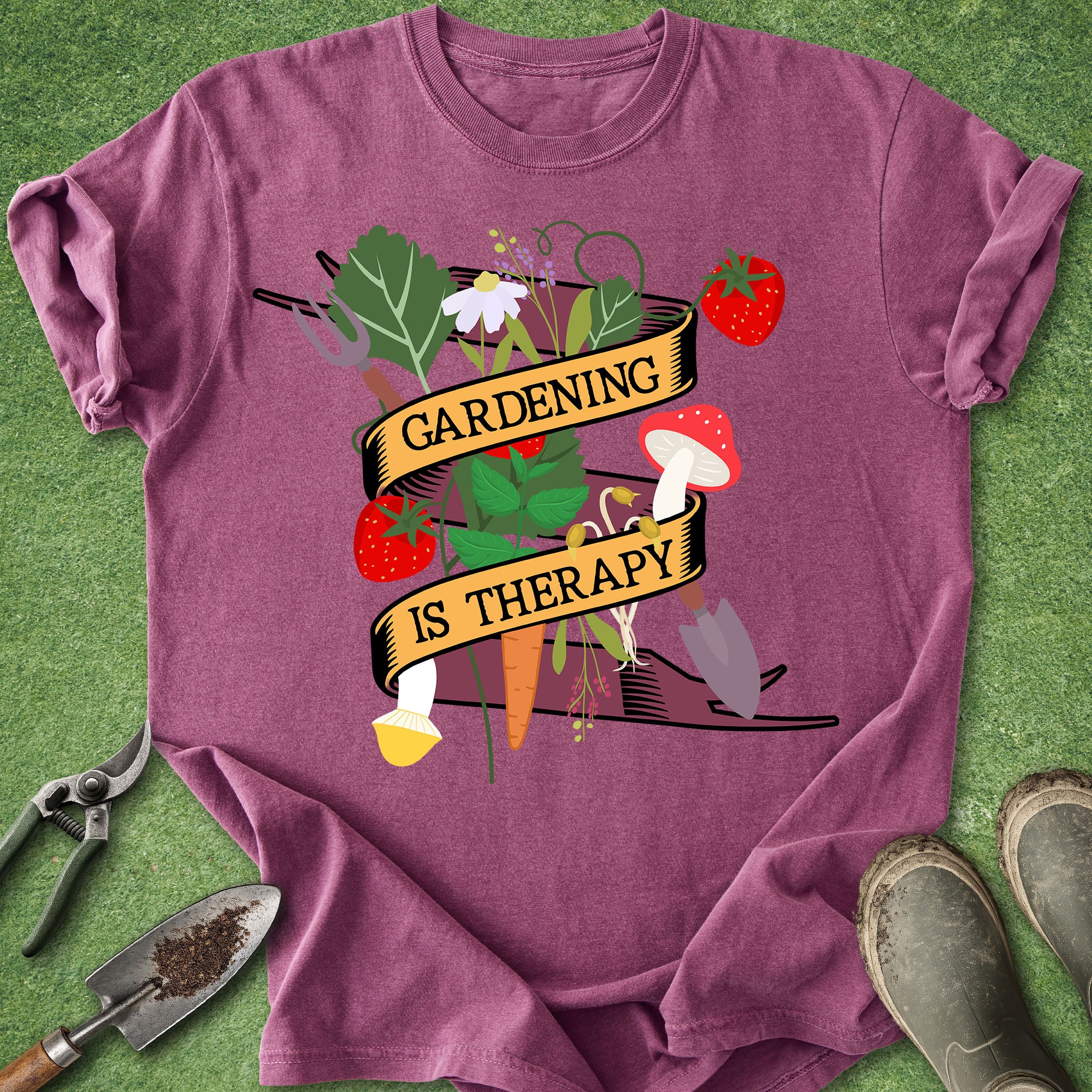 gardening is therapy shirt with plants vegetables and tools illustration garden lover plant lover t-shirt
