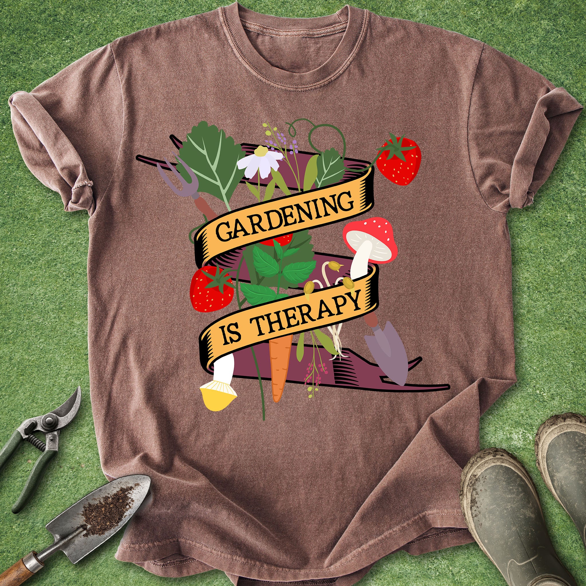 Brown t-shirt with 'Gardening is Therapy' graphic on a green background