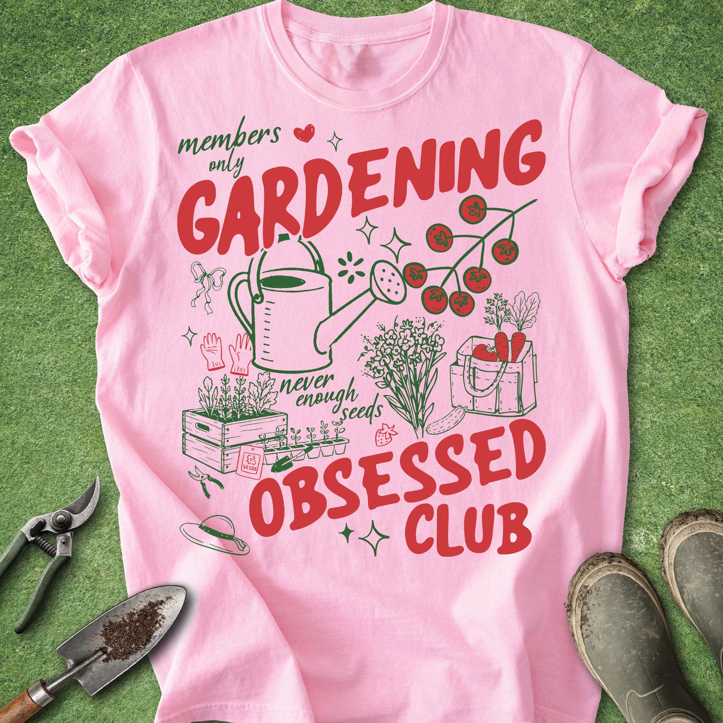 Retro gardening obsessed club t-shirt with tomatoes flowers watering can and garden illustrations