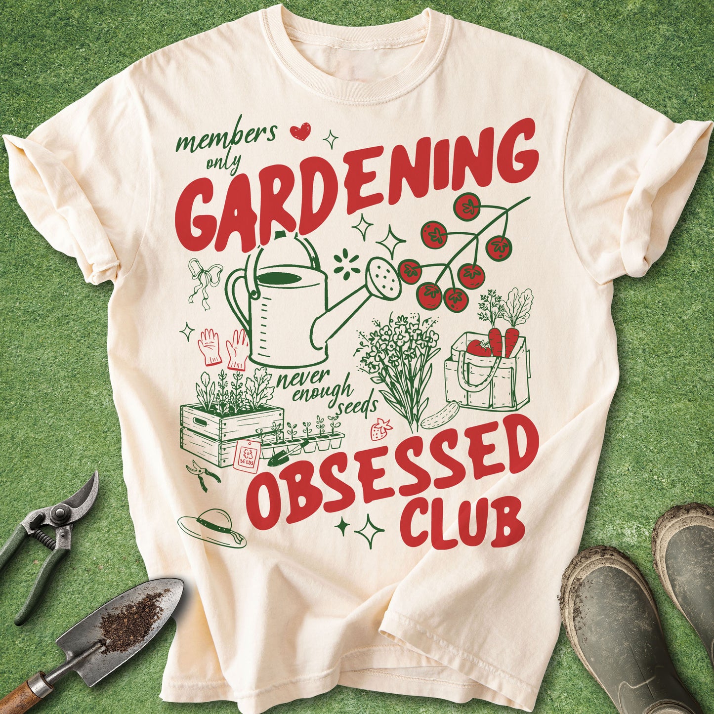 Retro gardening obsessed club t-shirt with tomatoes flowers watering can and garden illustrations