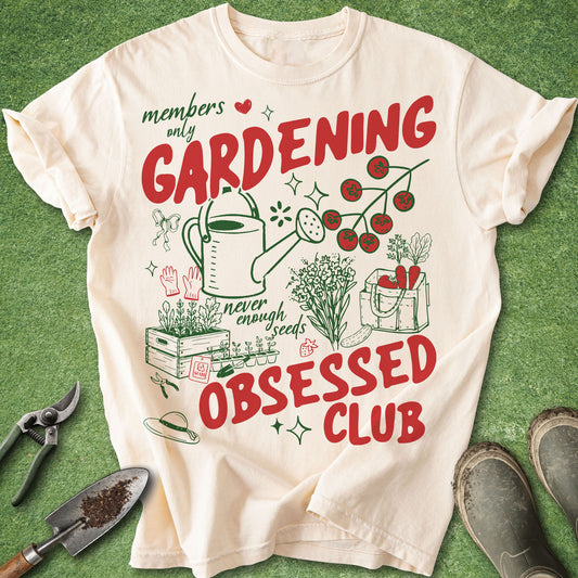 Retro gardening obsessed club t-shirt with tomatoes flowers watering can and garden illustrations