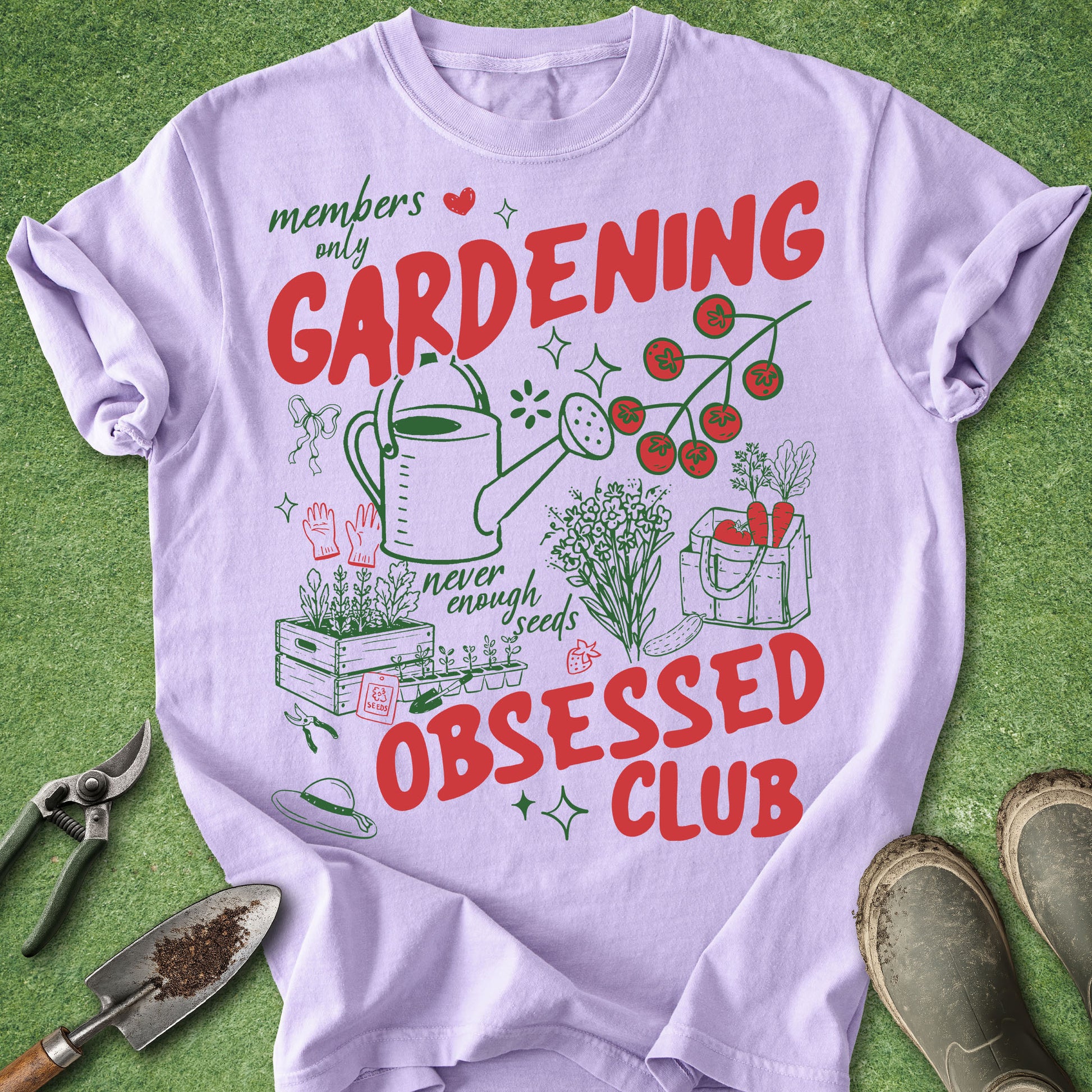Retro gardening obsessed club t-shirt with tomatoes flowers watering can and garden illustrations
