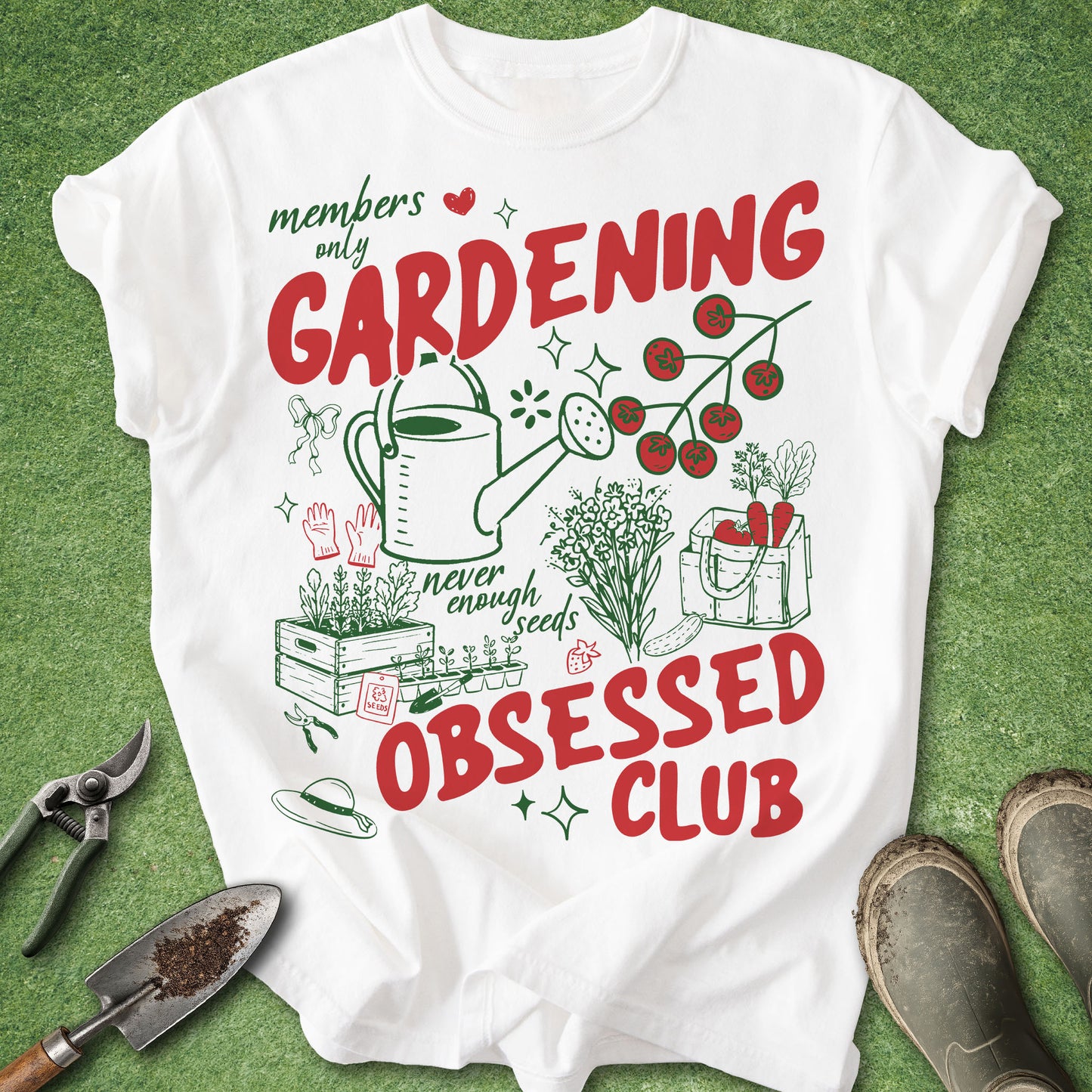 Retro gardening obsessed club t-shirt with tomatoes flowers watering can and garden illustrations