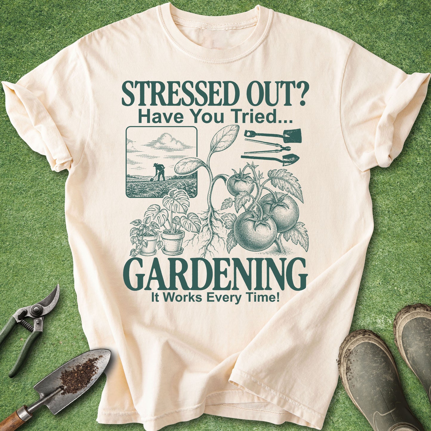 A cream-colored graphic t-shirt laid flat on a green grass-like surface, surrounded by gardening props including pruning shears, a trowel, and gardening boots. The shirt features a dark green graphic with the text 'STRESSED OUT? Have You Tried.