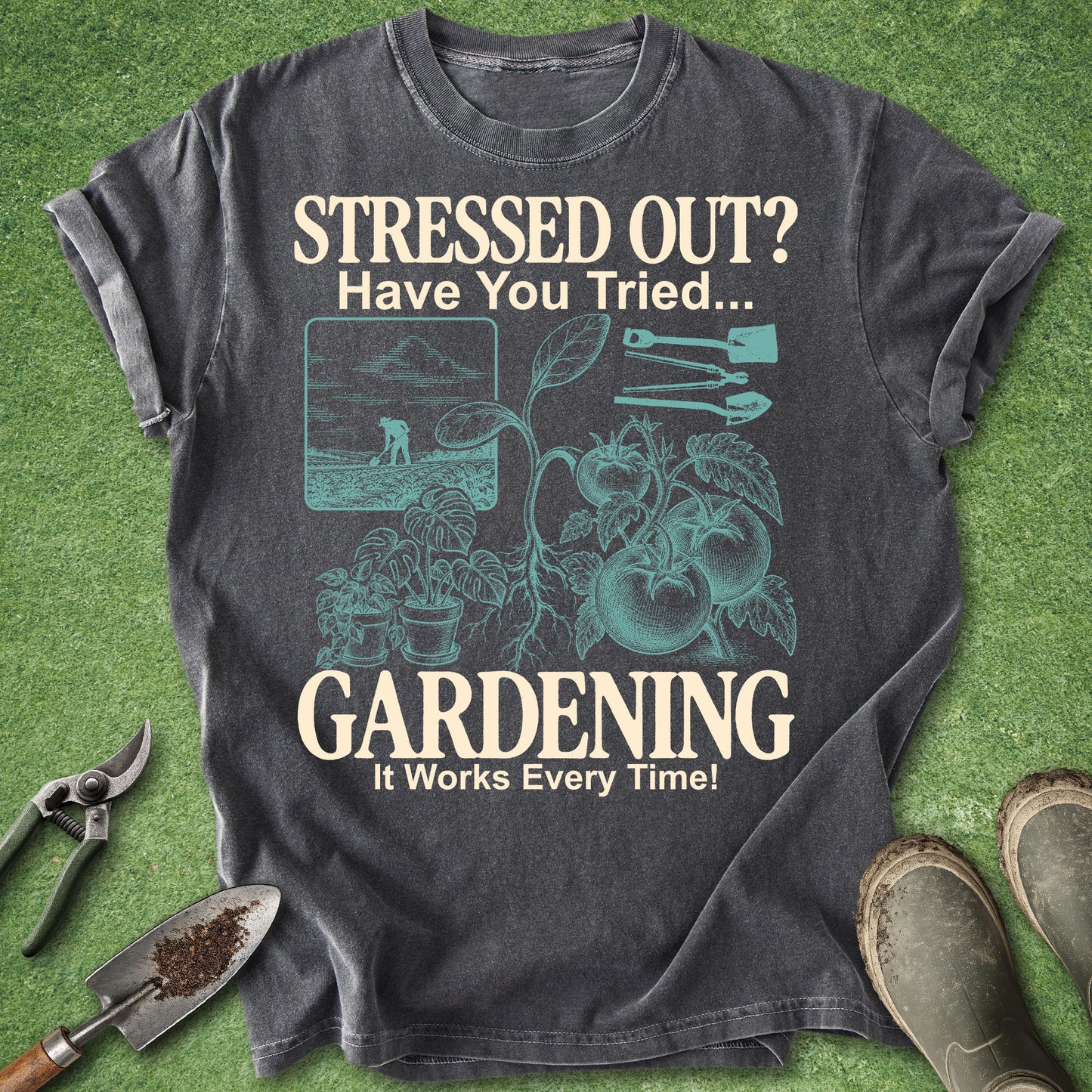 Vintage-inspired gardening design reading "Stressed Out? Have You Tried... Gardening. It Works Every Time!" featuring tomato plants, seedlings, potted plants, gardening tools, and a gardener working in a field.