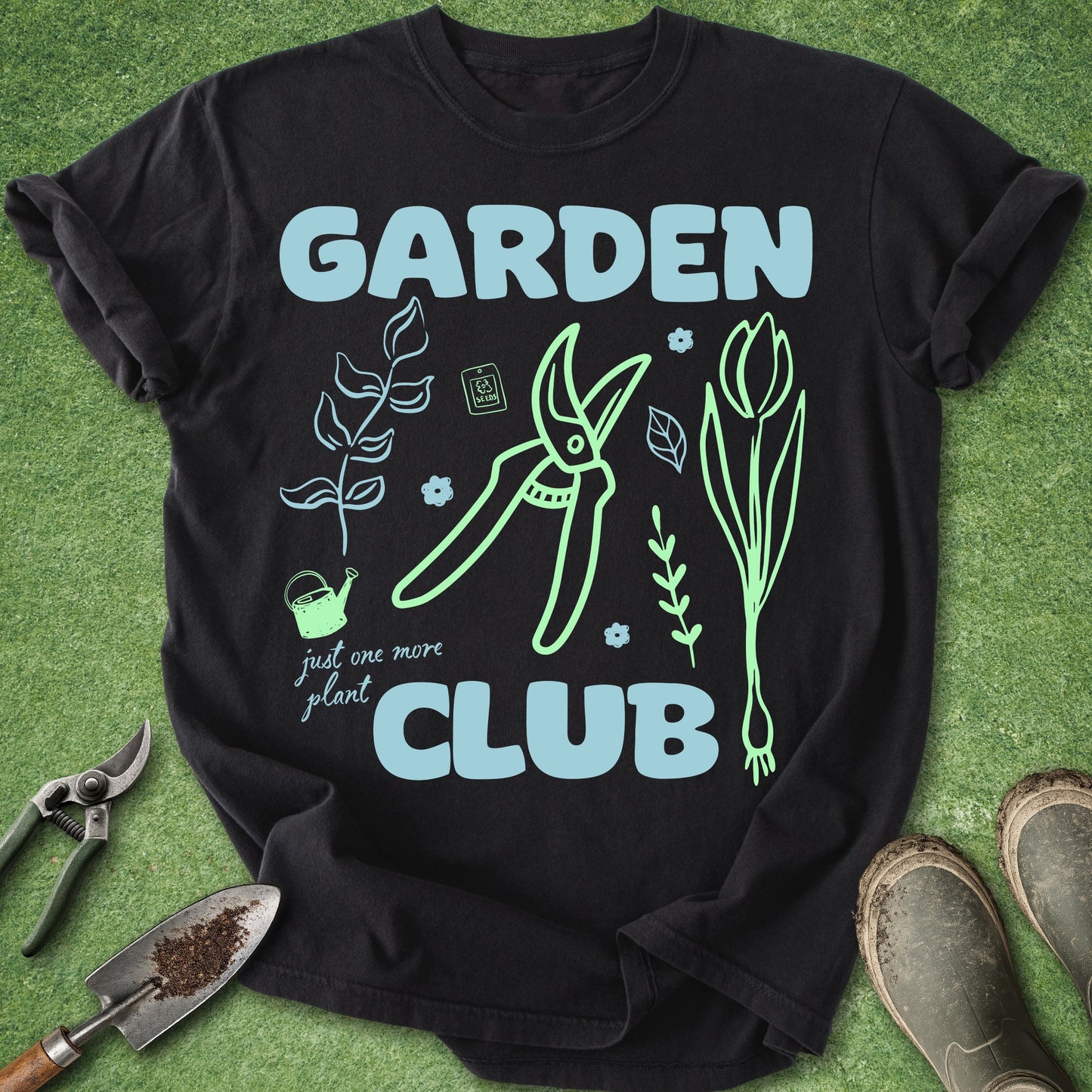 Black t-shirt with 'Garden Club' design on a grass background