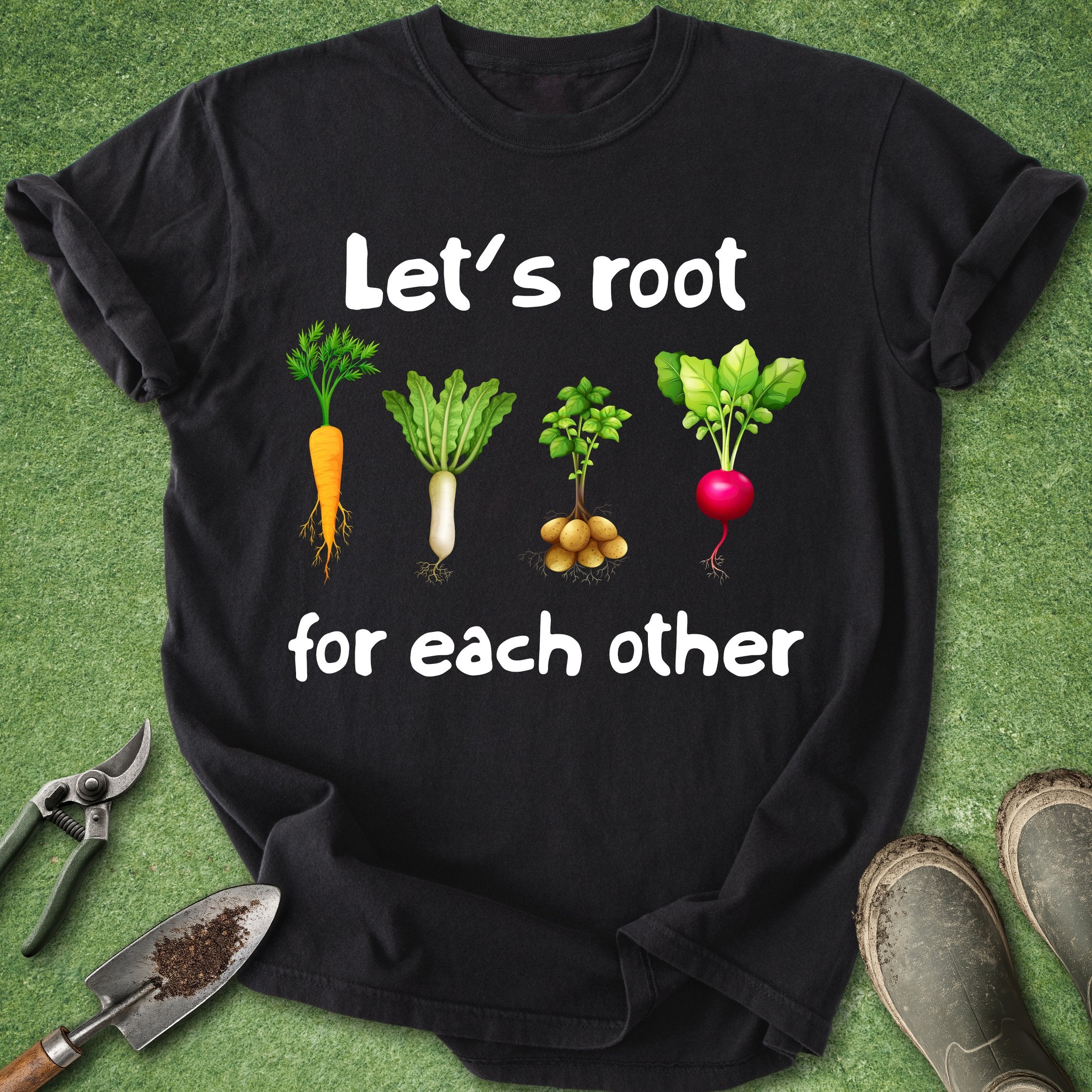 Black t-shirt with vegetable graphics and text on a green background