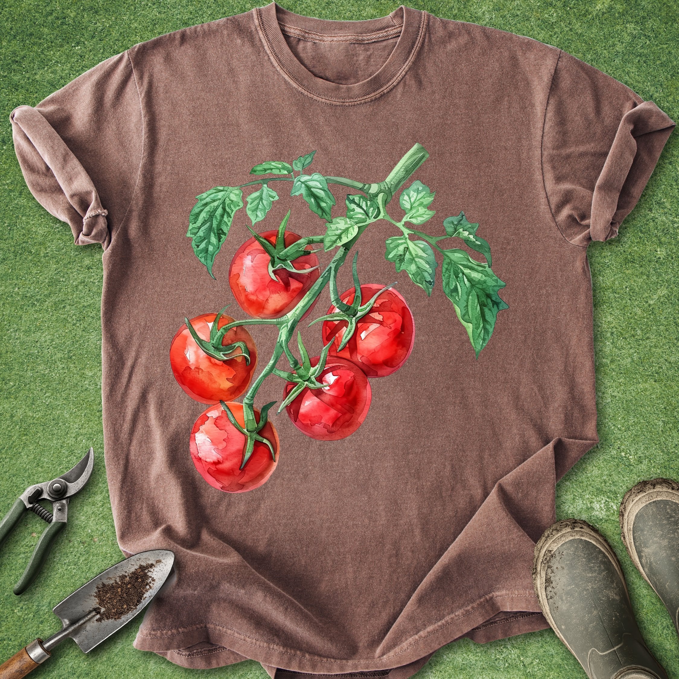 Brown t-shirt with red tomato graphic on a green background