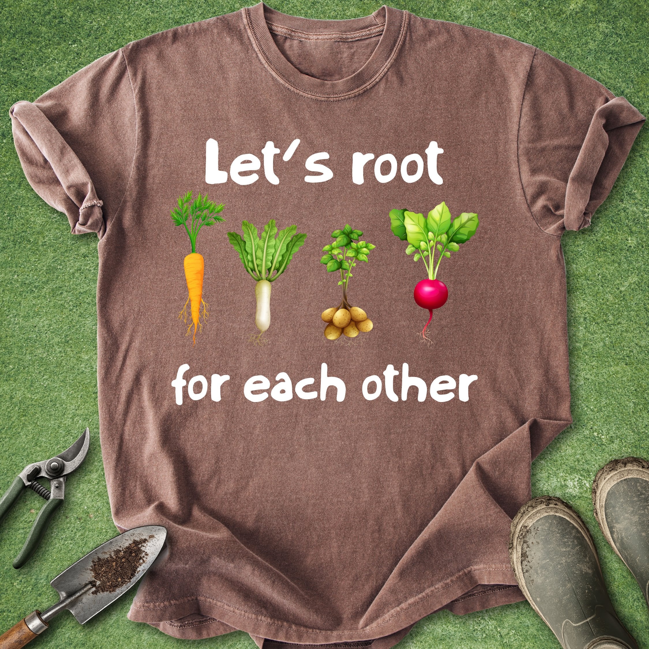 Brown t-shirt with vegetable graphics and text on a green background