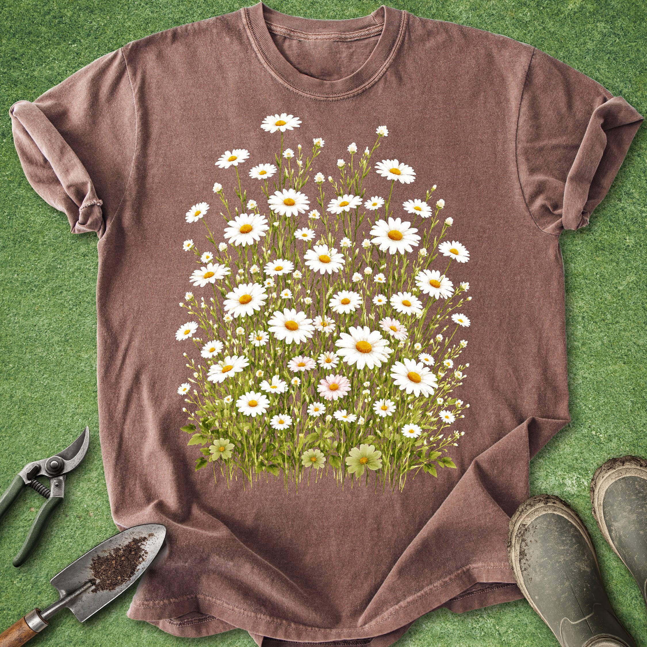 Brown t-shirt with white daisy design on a green grass background