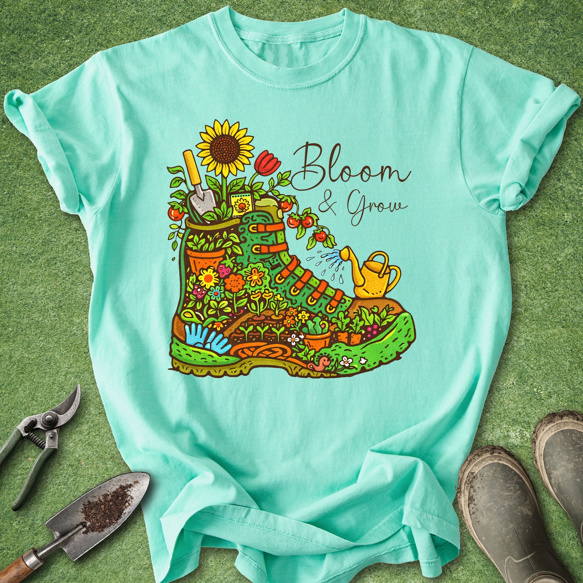 Mint green t-shirt with a colorful gardening boot graphic and 'Bloom & Grow' text on a grass background.