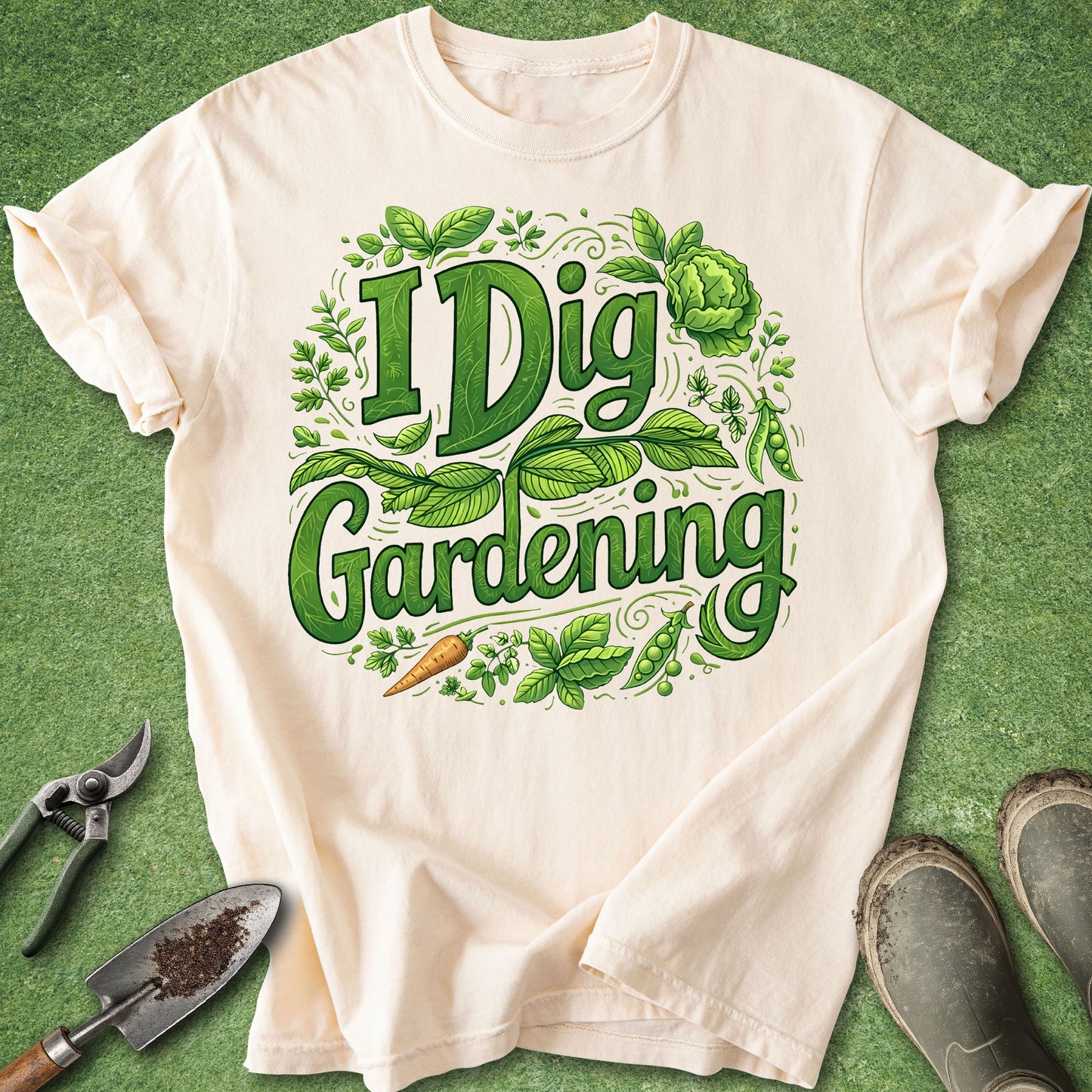 White t-shirt with 'I Dig Gardening' design on a green background with gardening tools.