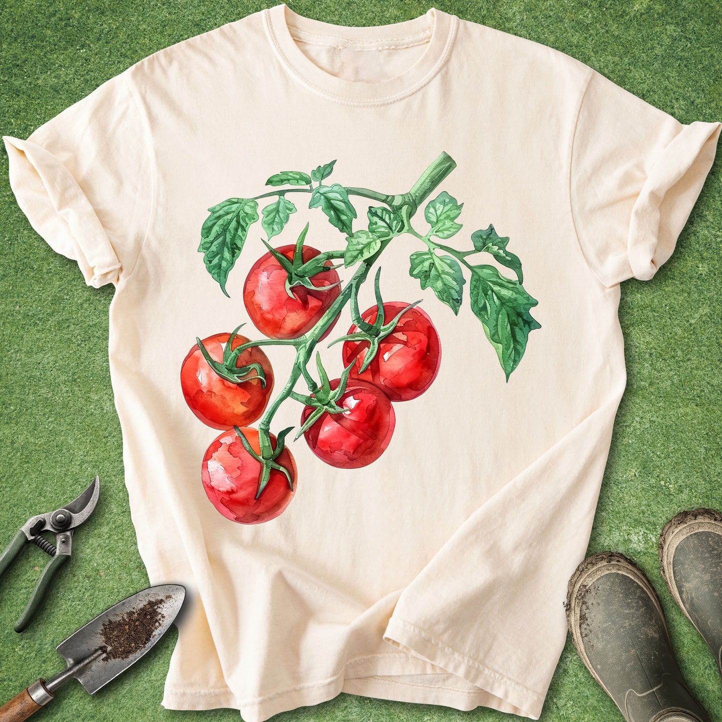 Beige t-shirt with red tomato graphic on a green background