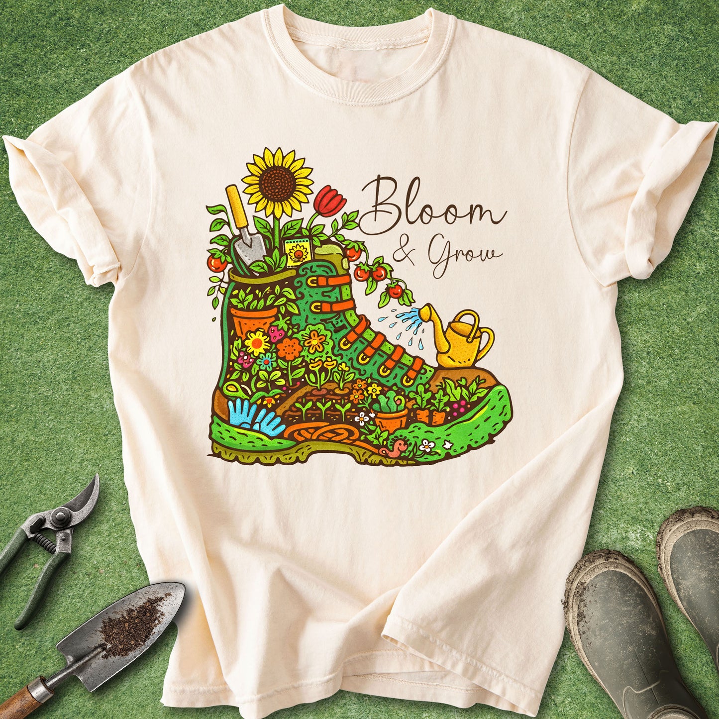 Beige t-shirt with a colorful boot graphic and 'Bloom & Grow' text on a green background.
