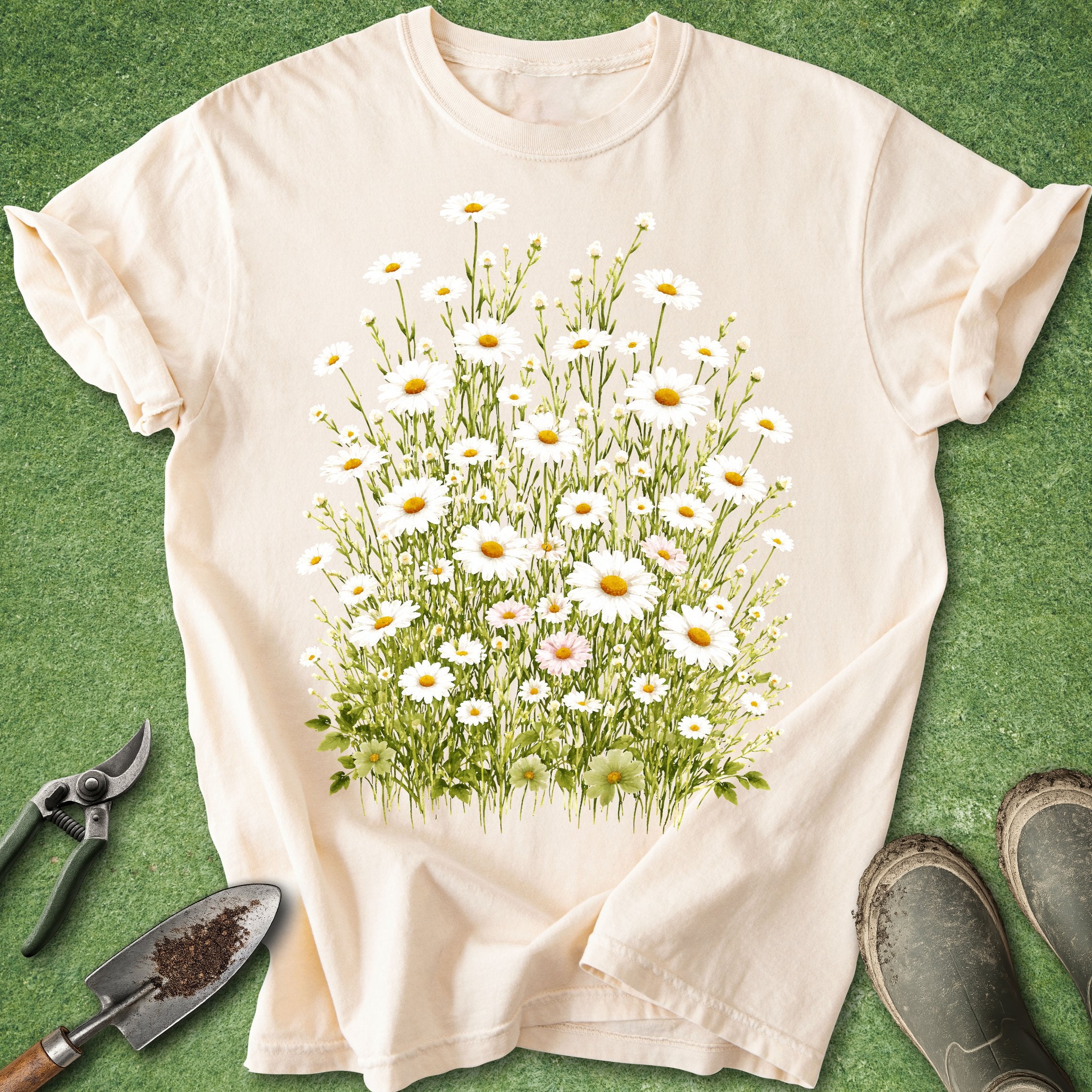Beige t-shirt with a floral design on a green background