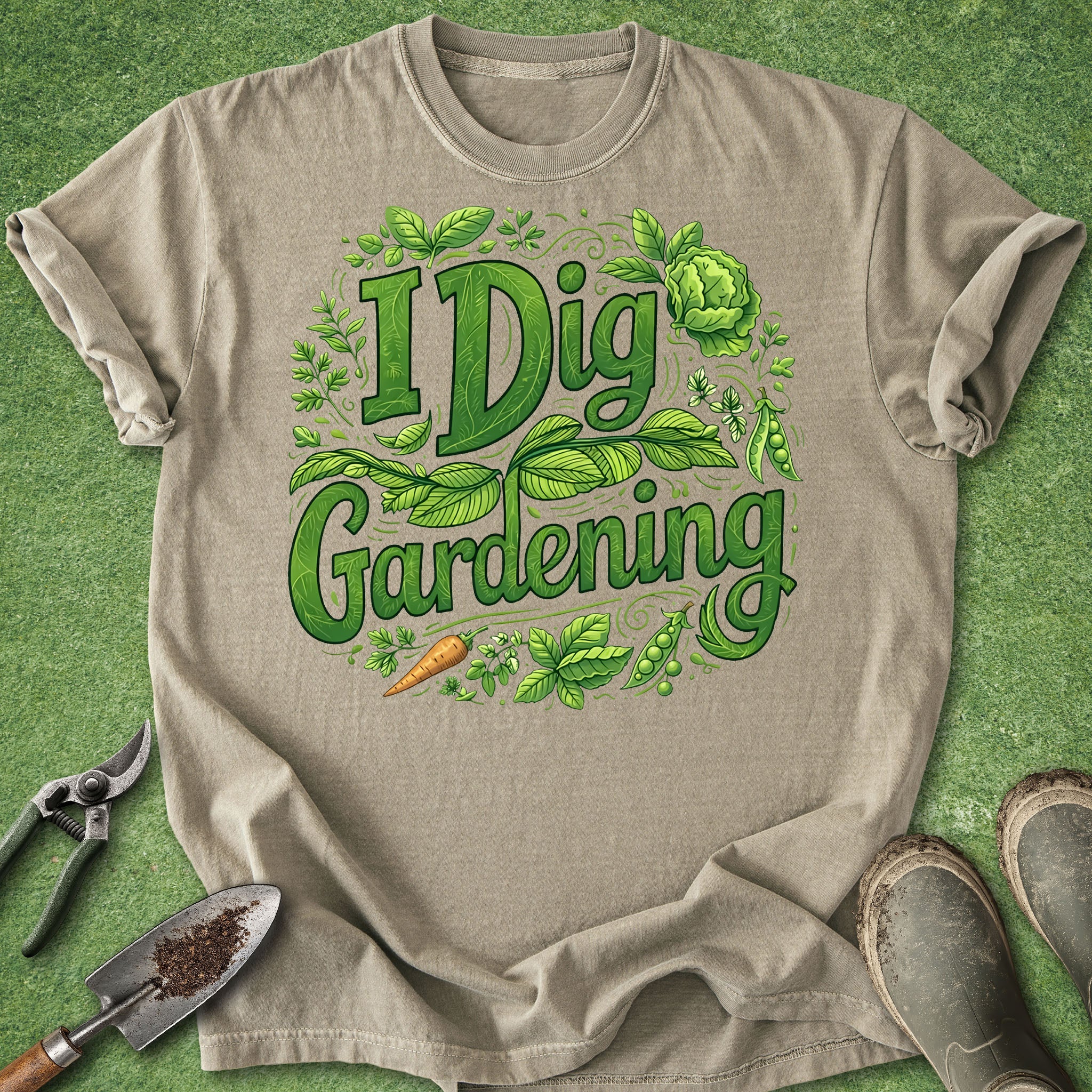 Beige t-shirt with 'I Dig Gardening' design on a green grass background