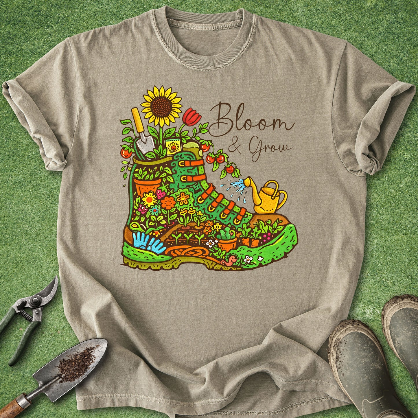 Beige t-shirt with a colorful gardening boot graphic and 'Bloom & Grow' text on a green grass background.