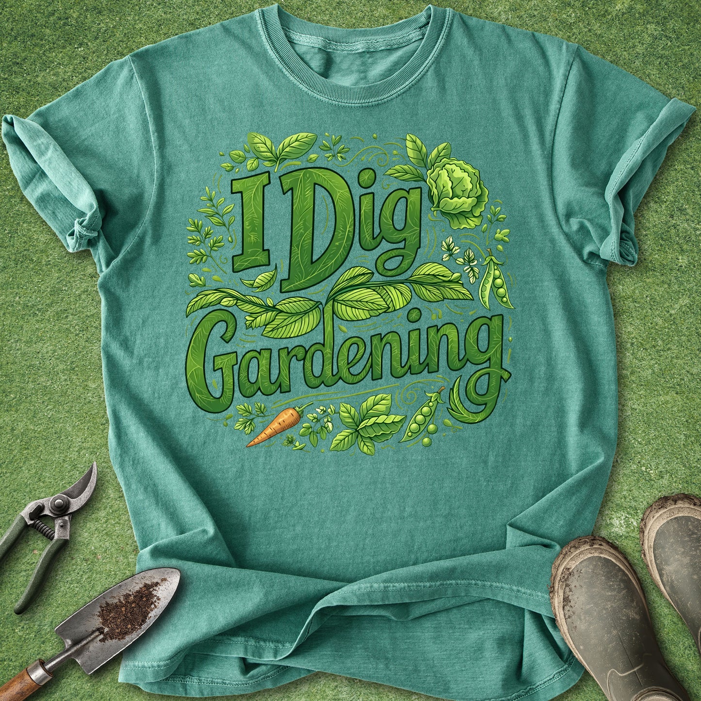 Teal t-shirt with 'I Dig Gardening' design on a green background with gardening tools.