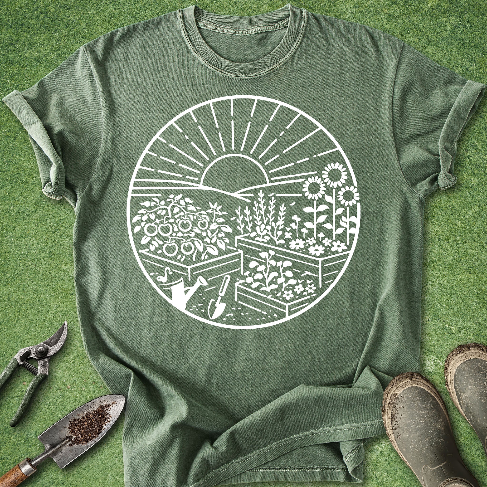 minimalist garden aesthetic shirt with raised garden beds flowers and sun botanical plant lover t-shirt MOSS COLOR