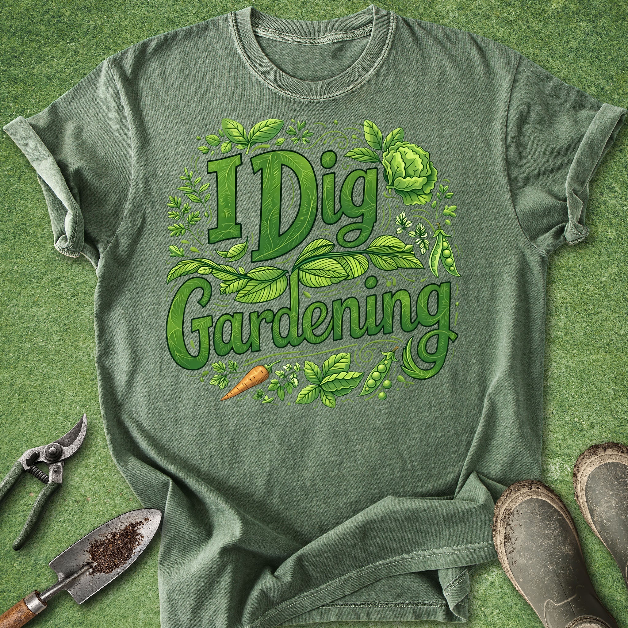 Green t-shirt with 'I Dig Gardening' design on a green background with gardening tools.