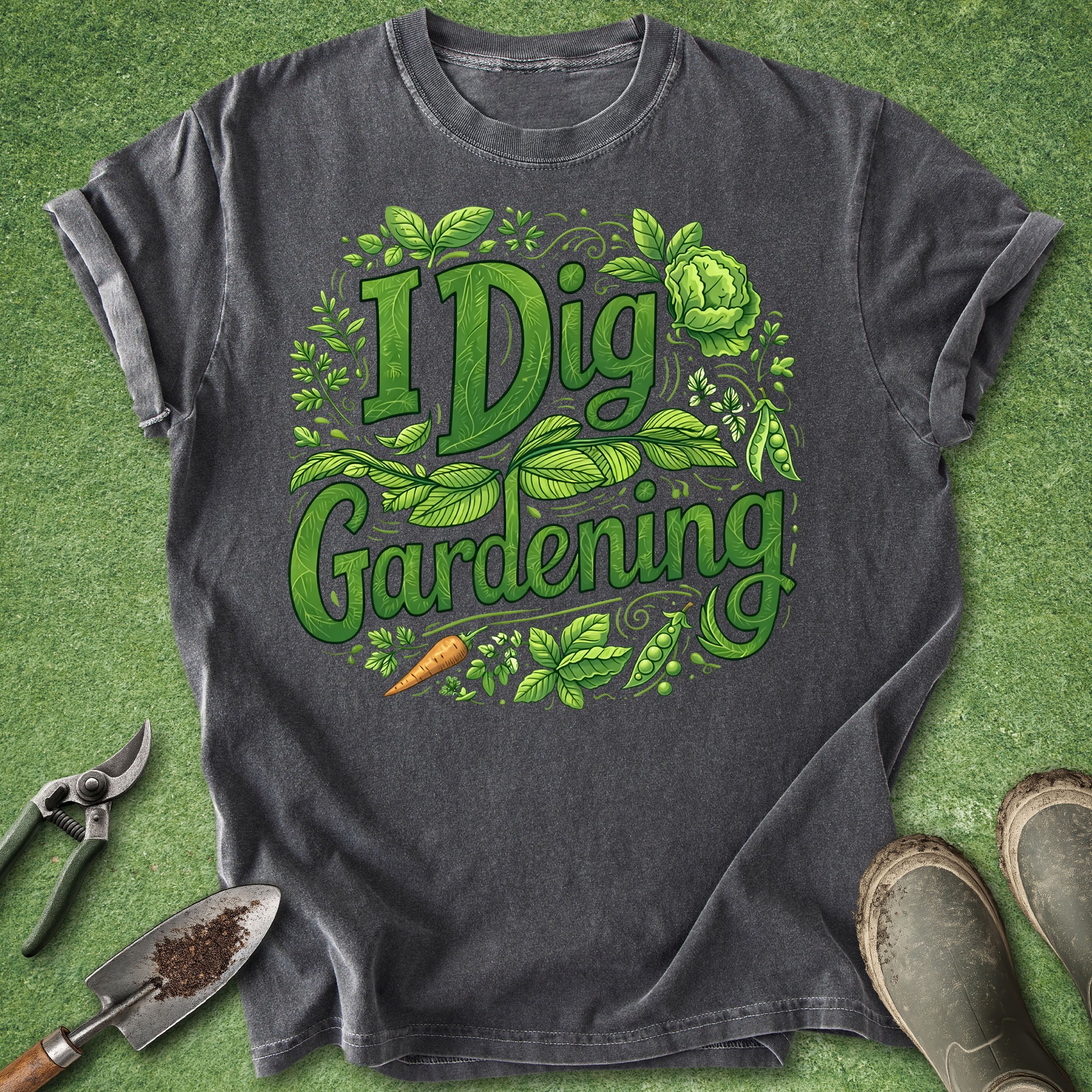 Gray t-shirt with 'I Dig Gardening' design on a green grass background