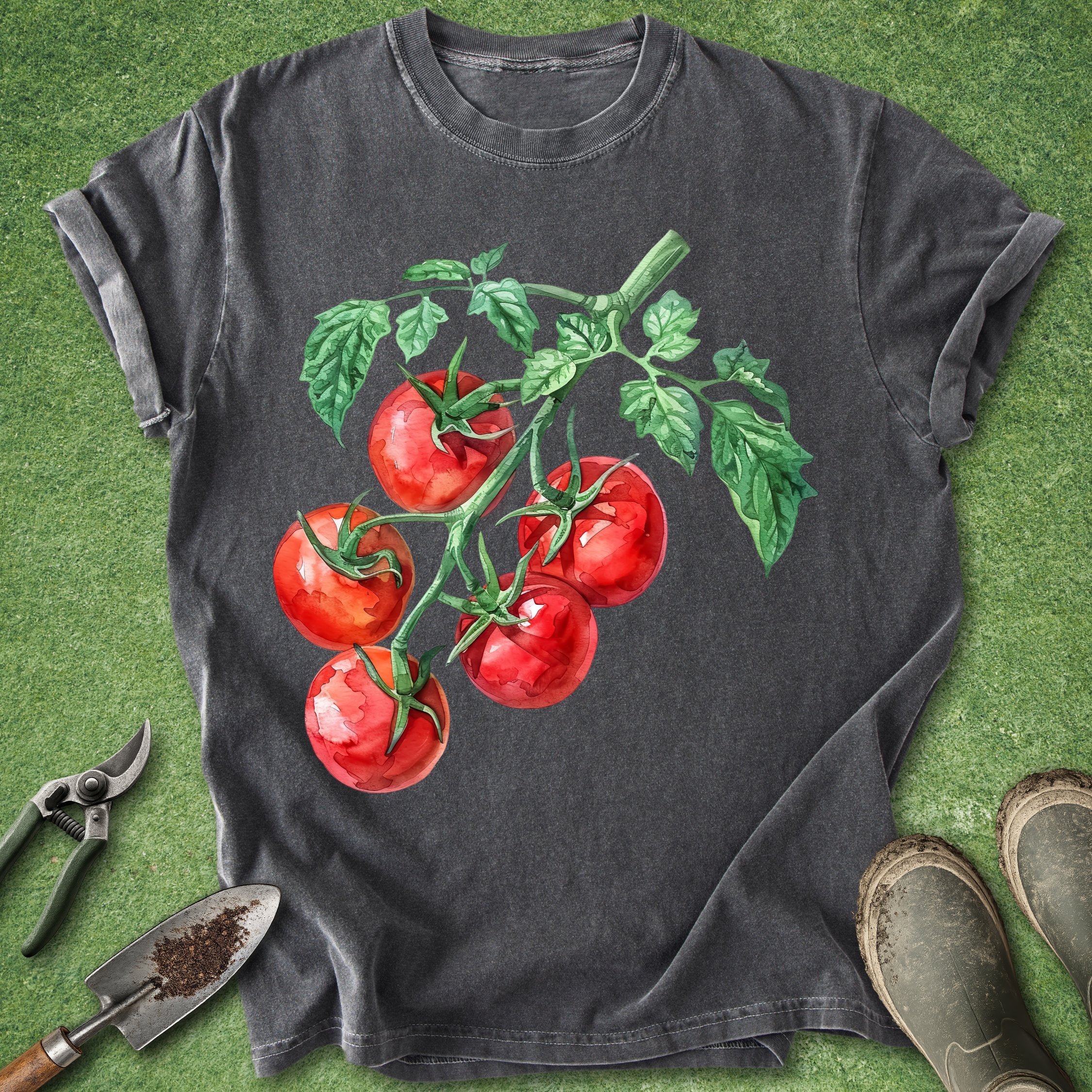 Dark gray t-shirt with red tomato graphic on a green grass background