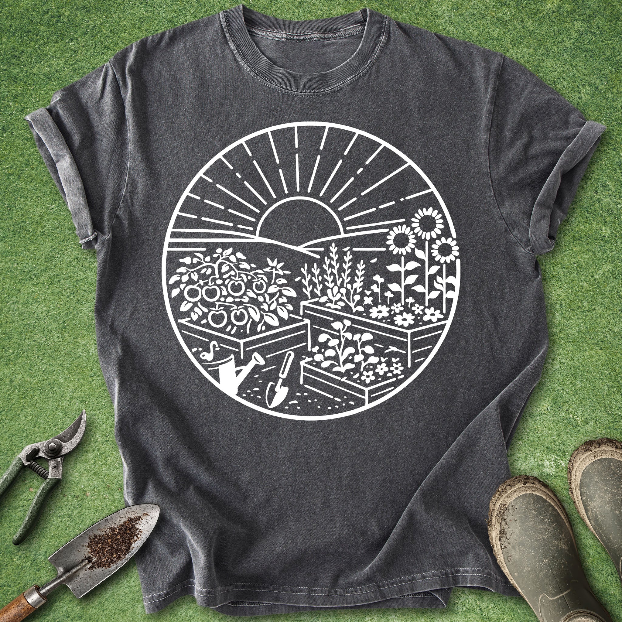 minimalist garden aesthetic shirt with raised garden beds flowers and sun botanical plant lover t-shirt