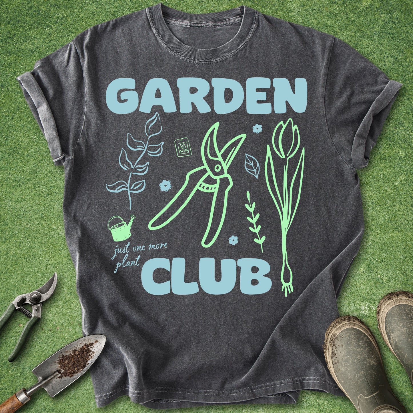 Black t-shirt with 'Garden Club' design on a green grass background