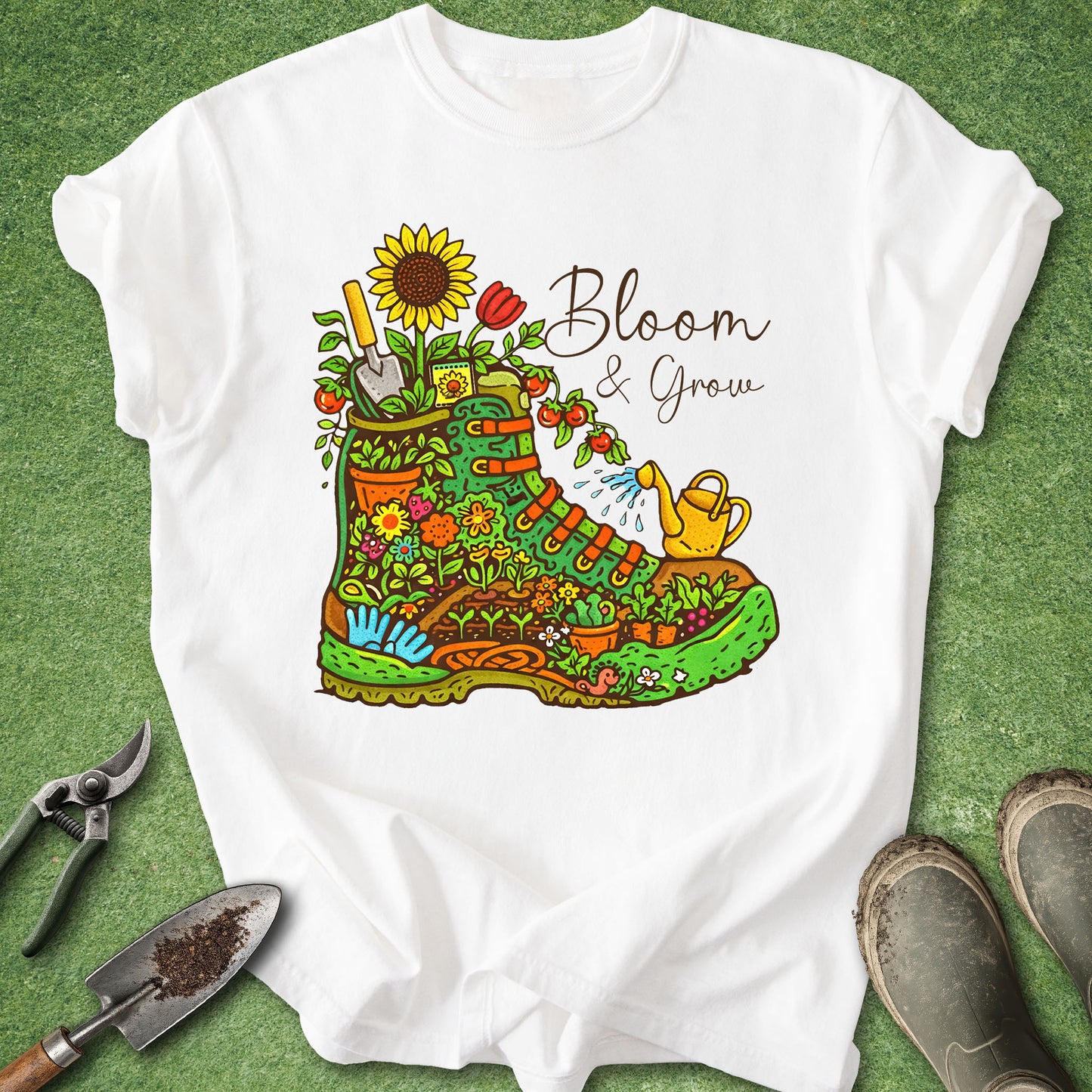 White t-shirt with a colorful gardening boot graphic and 'Bloom & Grow' text on a green background.