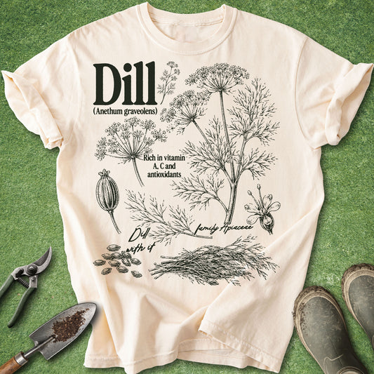 Ivory Comfort Colors t-shirt featuring vintage botanical illustrations of dill plants, dill flowers, seeds, and foliage with educational botanical details.
