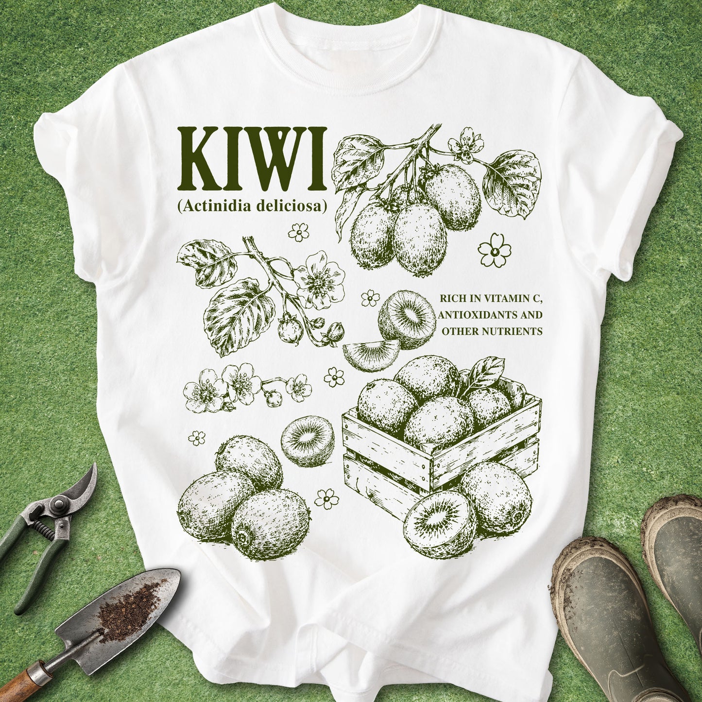 White t-shirt with kiwi illustration and text on a green background