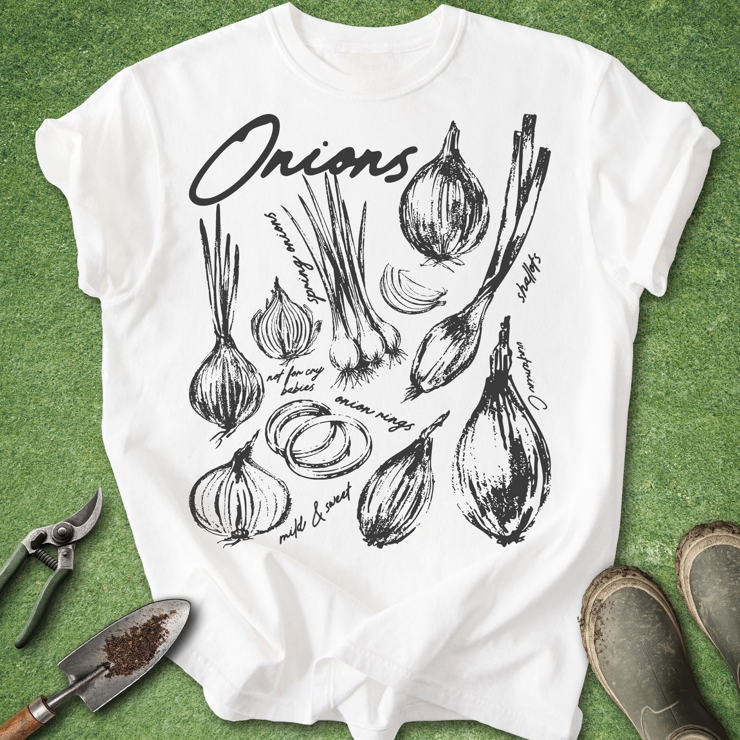 White t-shirt with black onion illustrations and the word 'Onions' on a green background