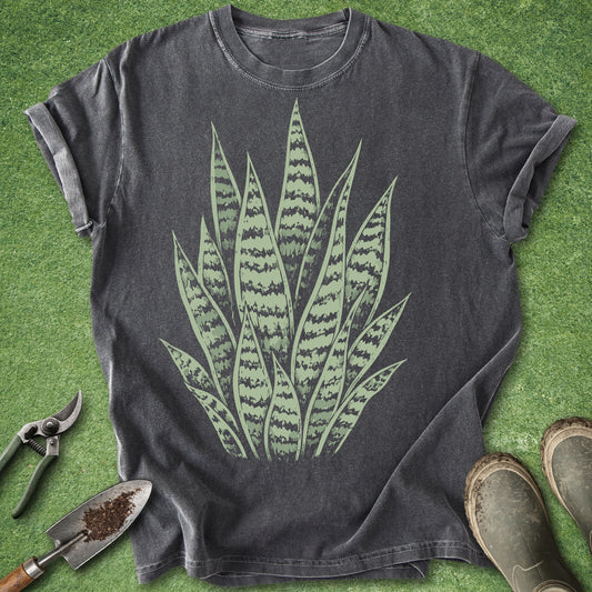 Minimalist snake plant botanical graphic t-shirt with green Sansevieria leaf illustration on pepper shirt