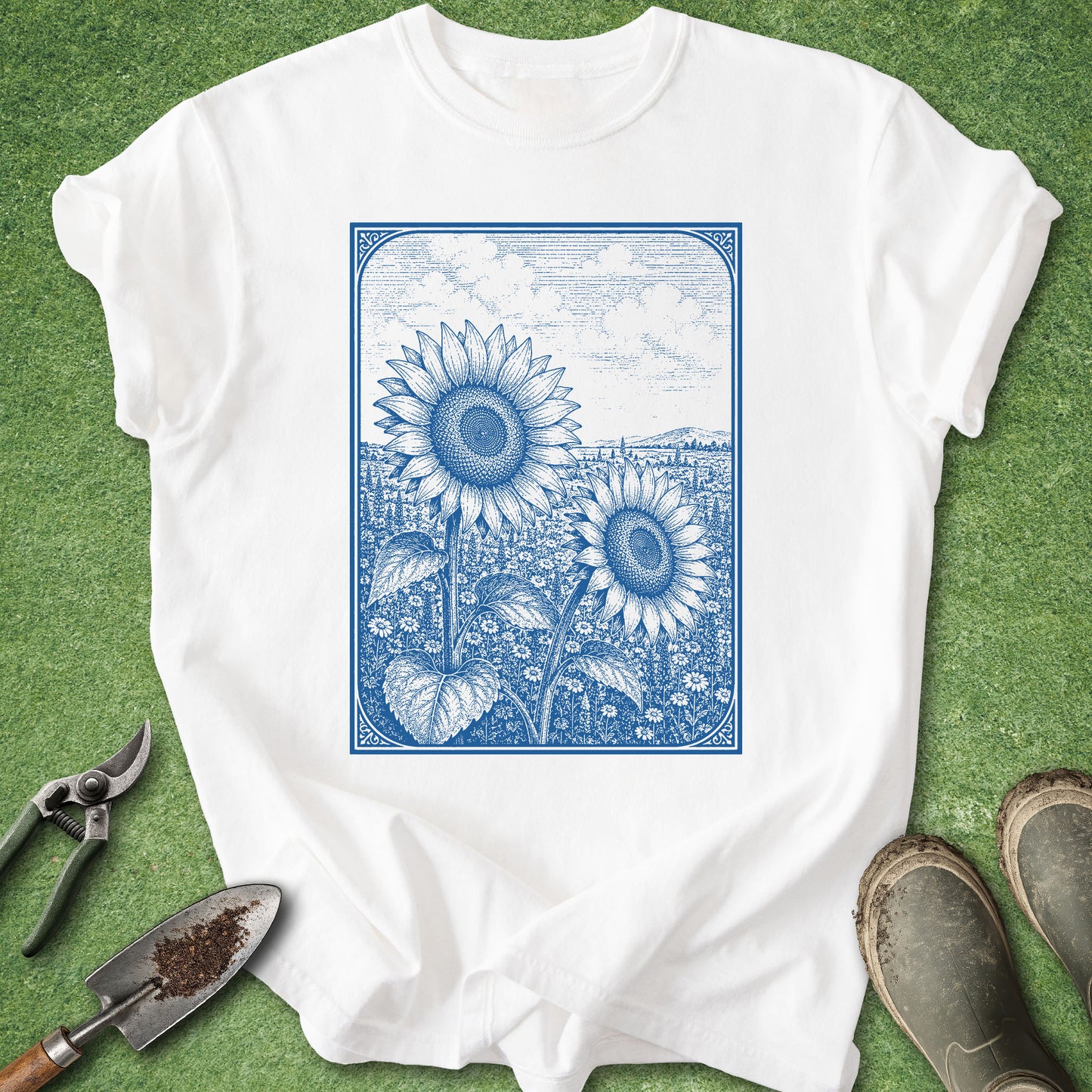A white short-sleeve crewneck t-shirt with a blue vintage-style sunflower graphic, laid flat on green grass with gardening tools and boots nearby.