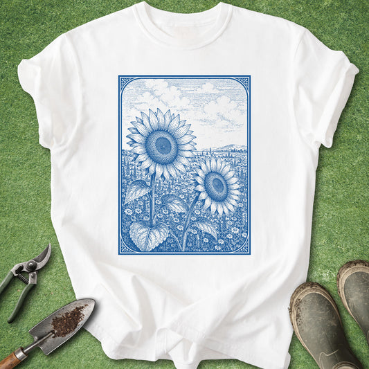 A white short-sleeve crewneck t-shirt with a blue vintage-style sunflower graphic, laid flat on green grass with gardening tools and boots nearby.