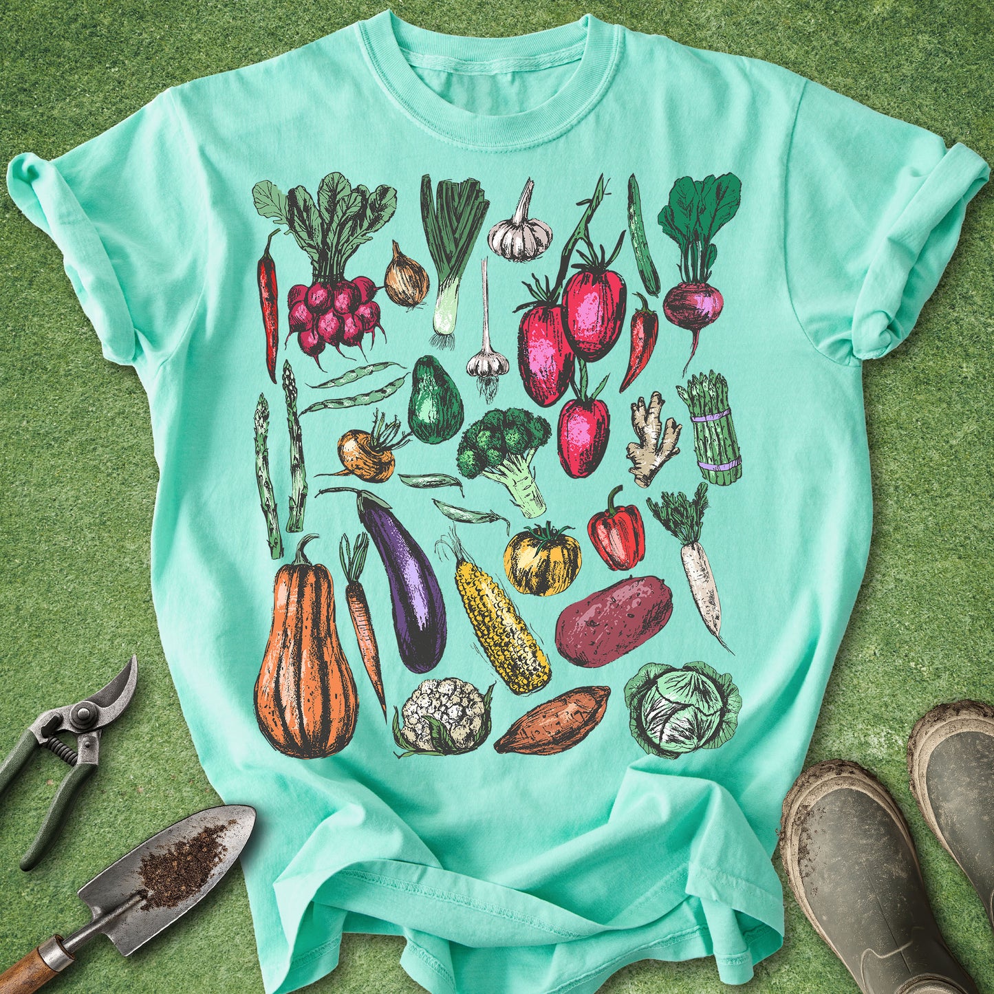 Mint green t-shirt with colorful vegetable illustrations on a grassy background