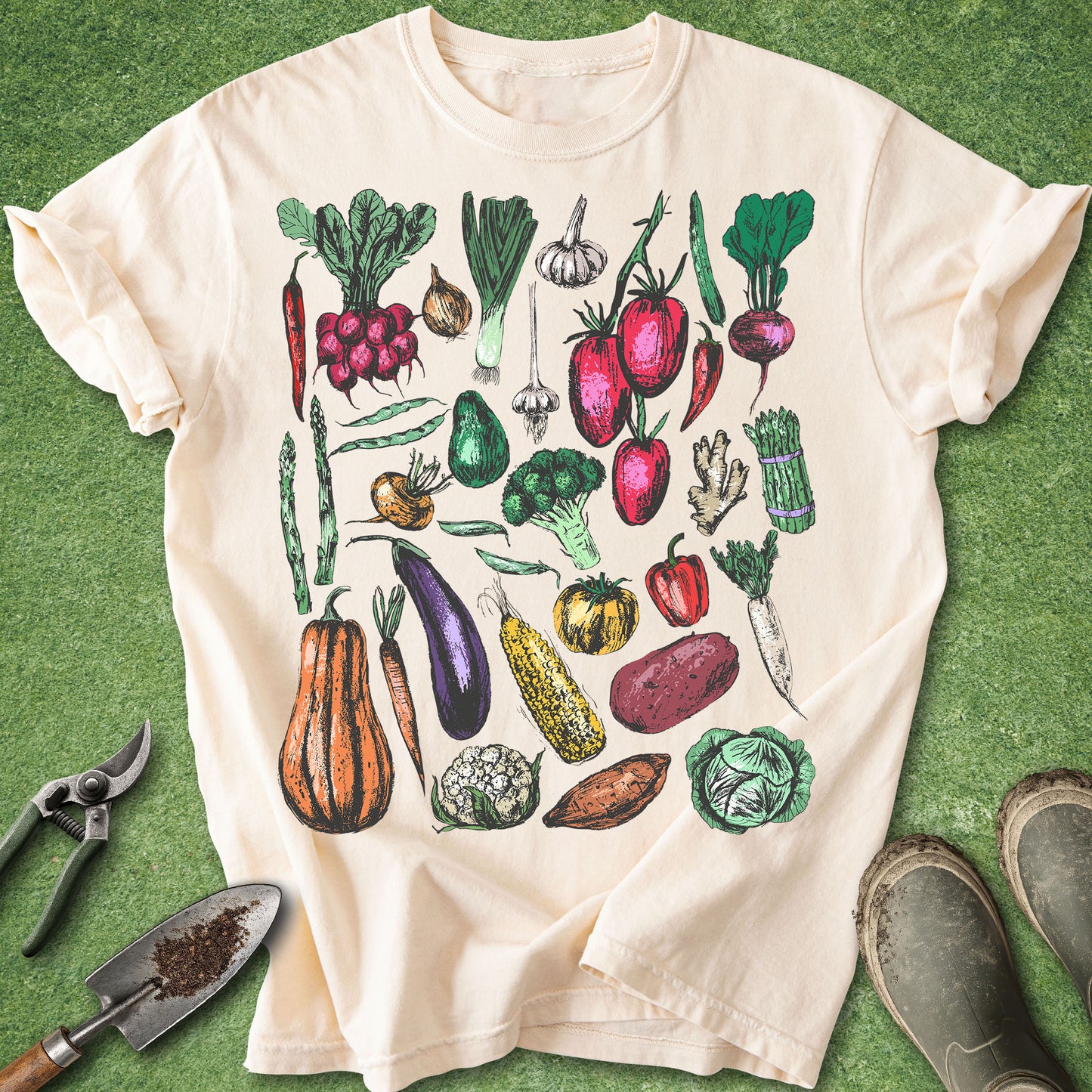 Ivory Comfort Colors t-shirt featuring a colorful collection of hand-drawn vegetables including tomatoes, peppers, radishes, squash, cabbage, broccoli, carrots, potatoes, garlic, asparagus, and eggplant in a vintage botanical style.