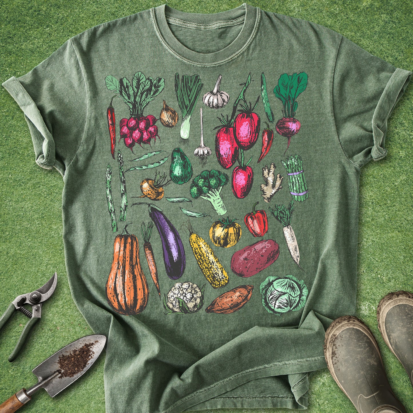 Green t-shirt with colorful vegetable illustrations on a green background