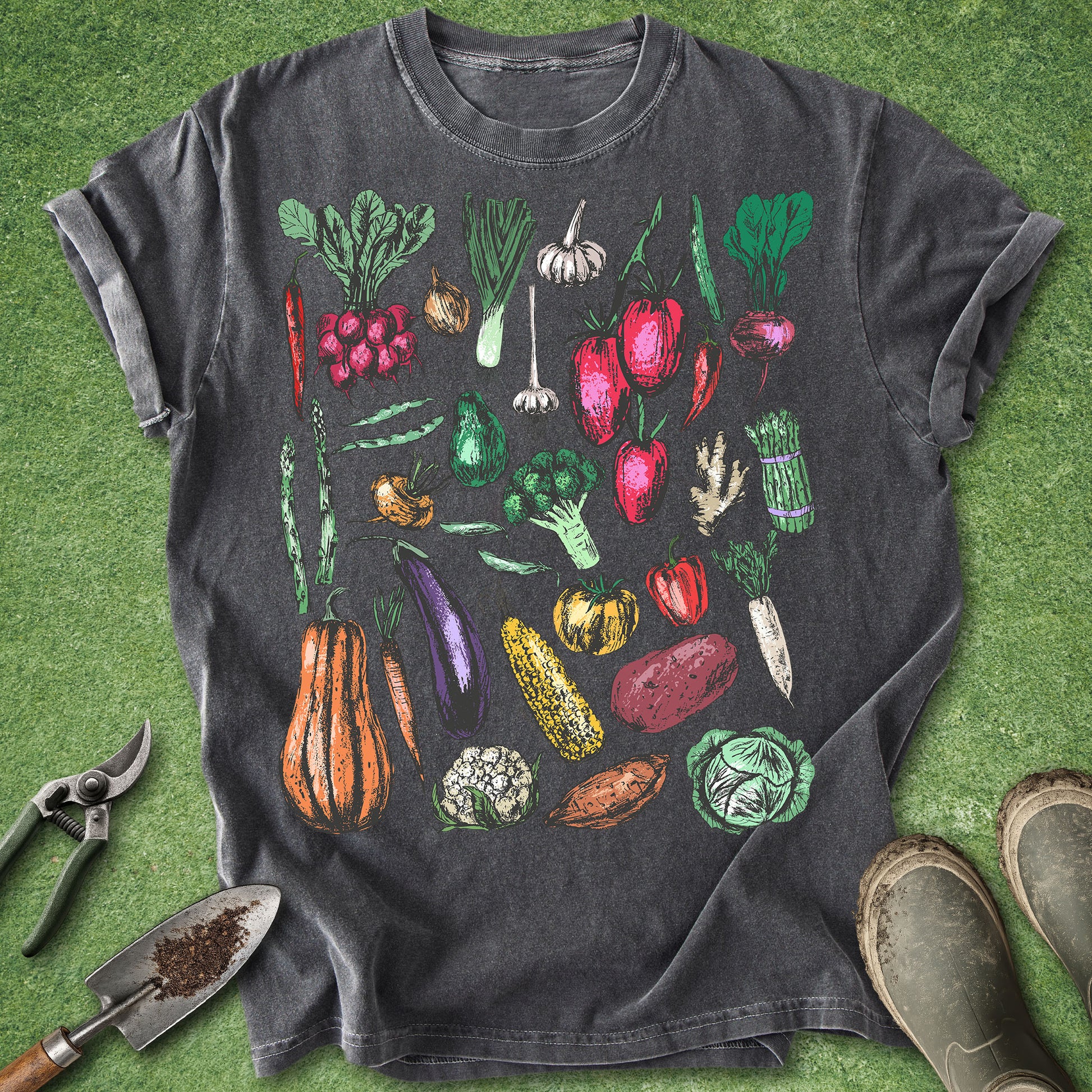 Dark gray t-shirt with colorful vegetable illustrations on a green grass background