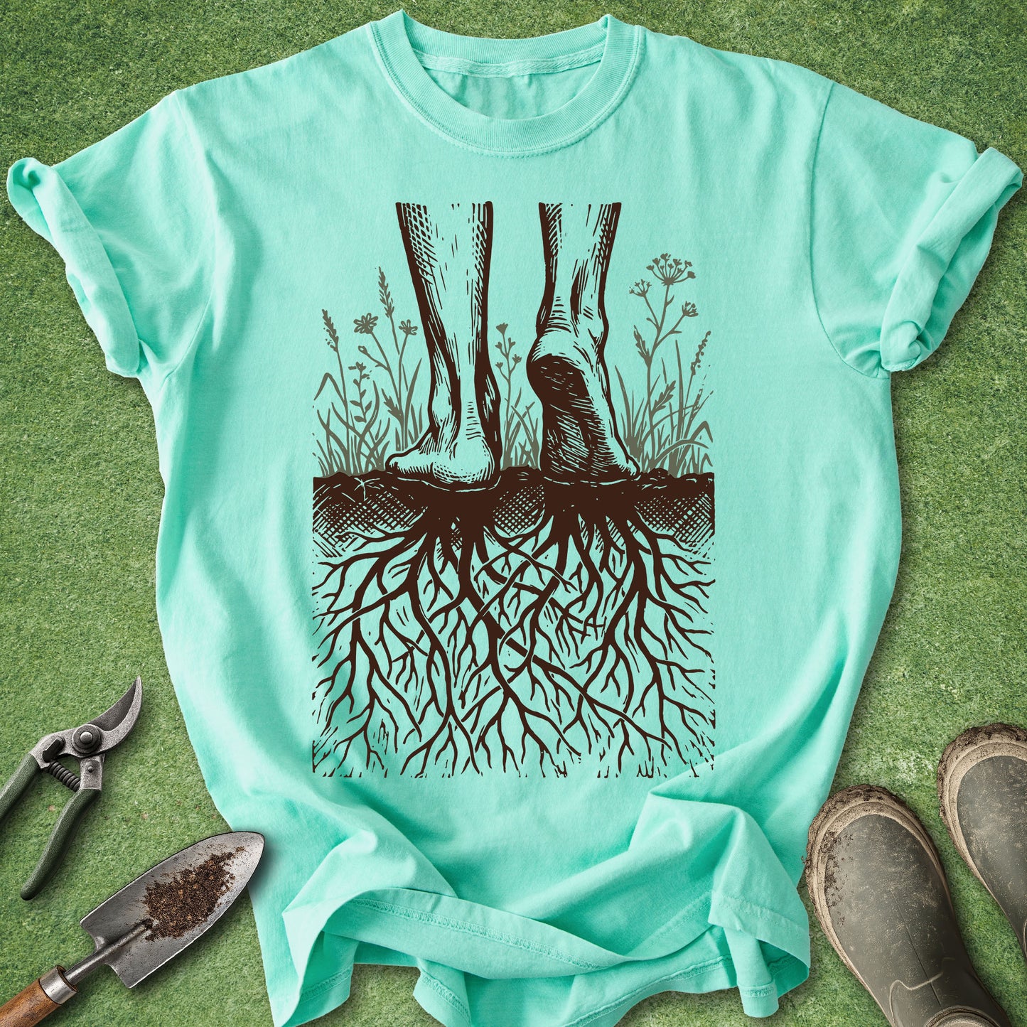 A mint green short-sleeve t-shirt with a dark brown graphic of tree roots and feet, laid flat on a green grass-like surface with gardening tools and boots nearby.