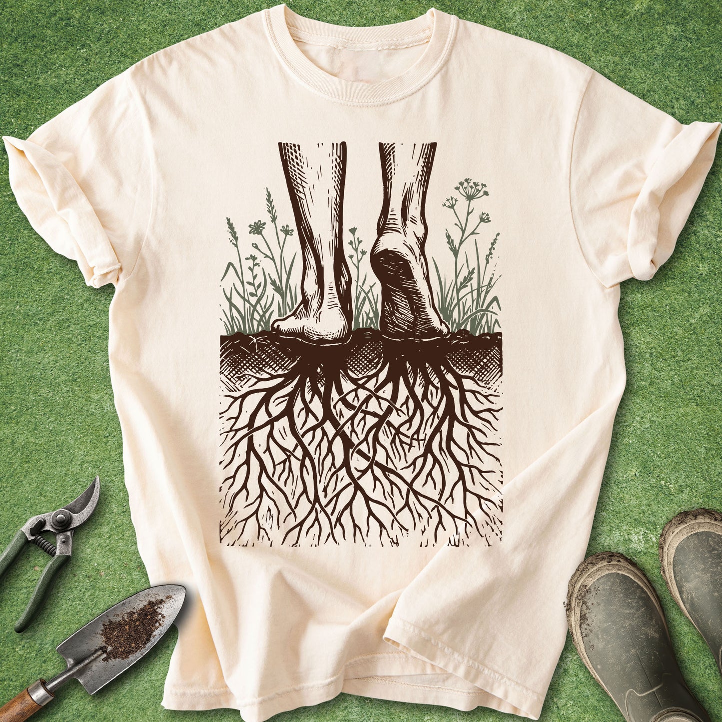 Comfort Colors ivory t-shirt featuring a vintage botanical illustration of bare feet standing on the earth with an intricate network of tree roots extending underground beneath wild grasses and flowers.