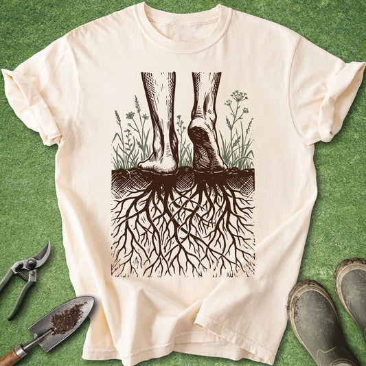 Comfort Colors ivory t-shirt featuring a vintage botanical illustration of bare feet standing on the earth with an intricate network of tree roots extending underground beneath wild grasses and flowers.