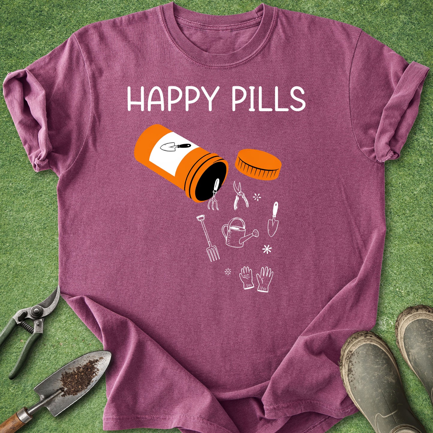 Purple t-shirt with 'Happy Pills' graphic on a green background