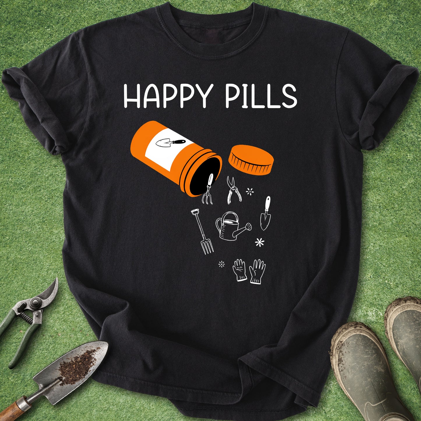 Black t-shirt with 'Happy Pills' graphic on a green grass background