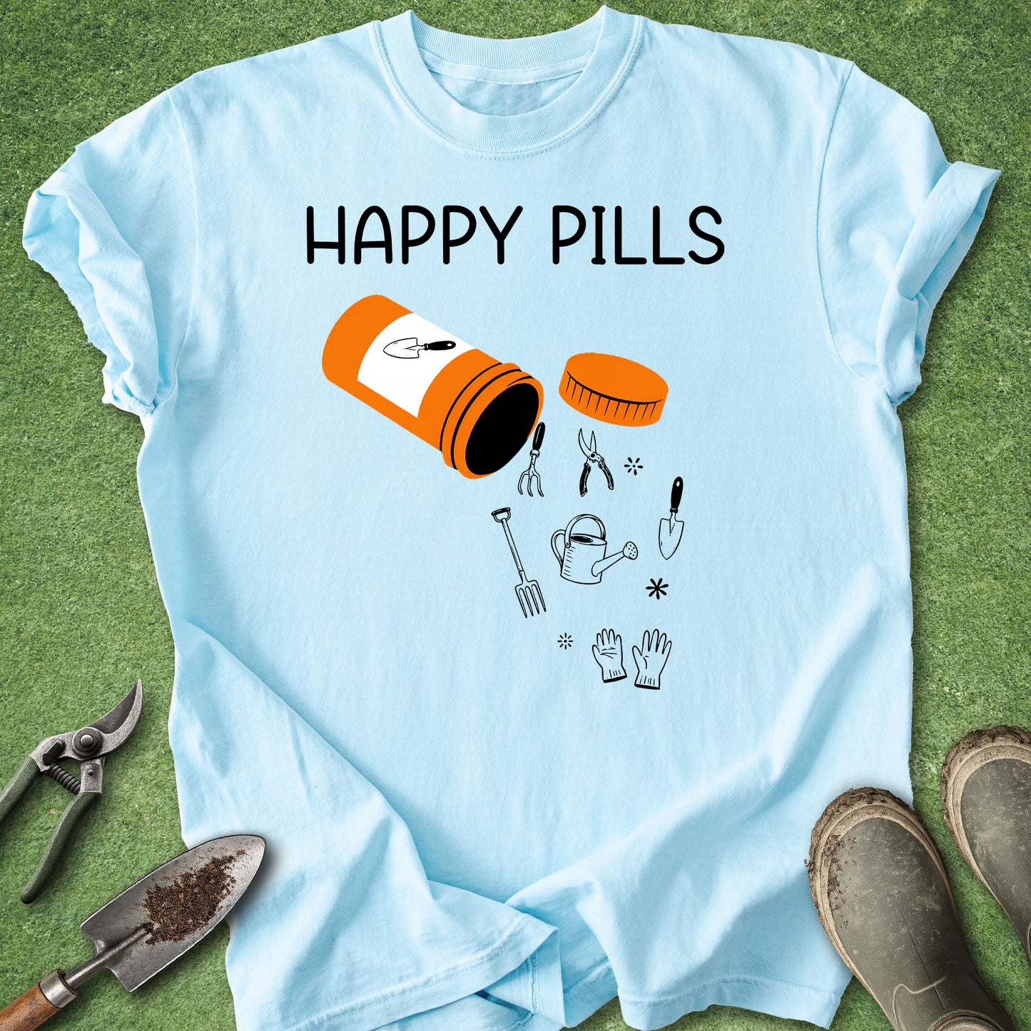 Light blue t-shirt with 'Happy Pills' graphic on a green background
