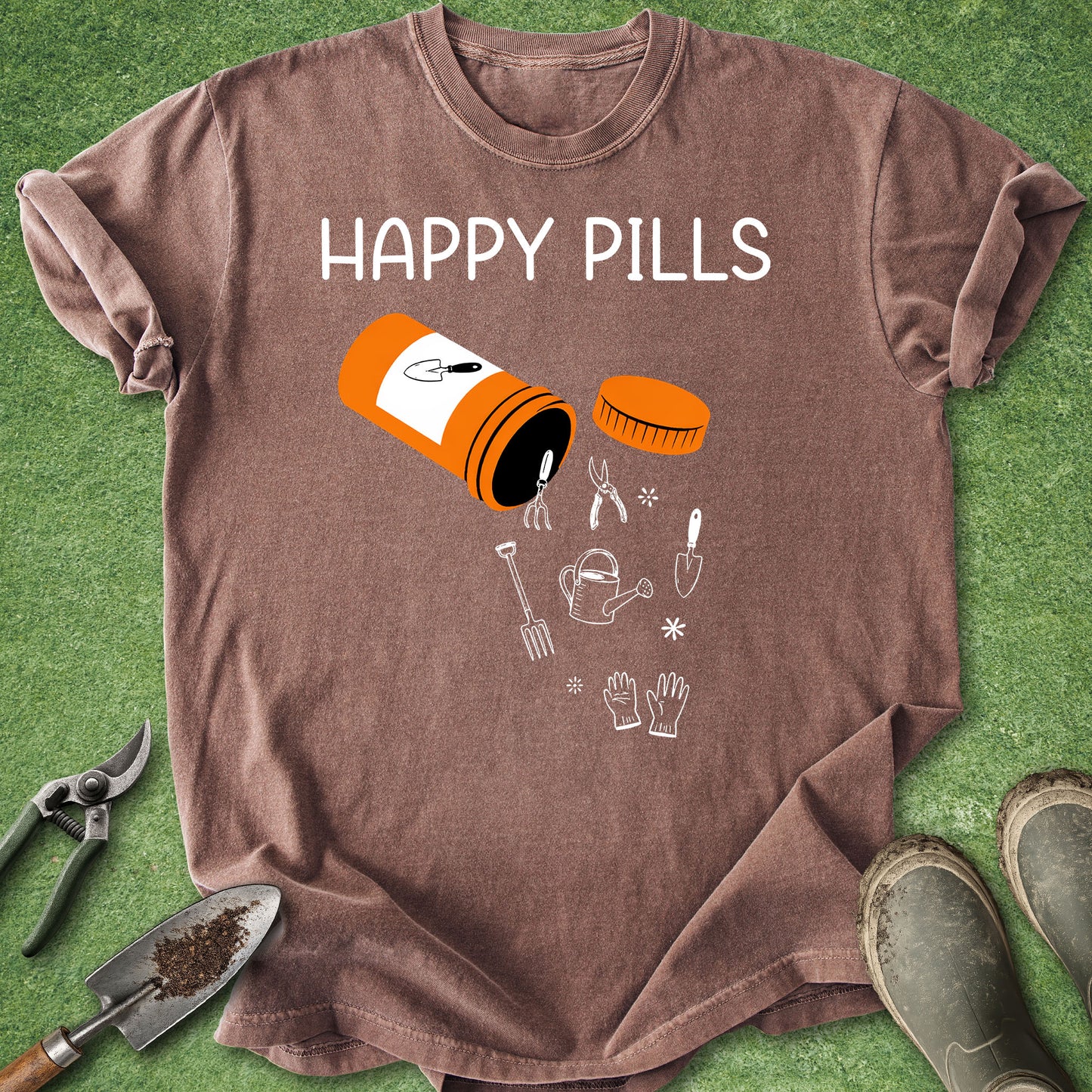 Brown t-shirt with 'Happy Pills' graphic on a green background
