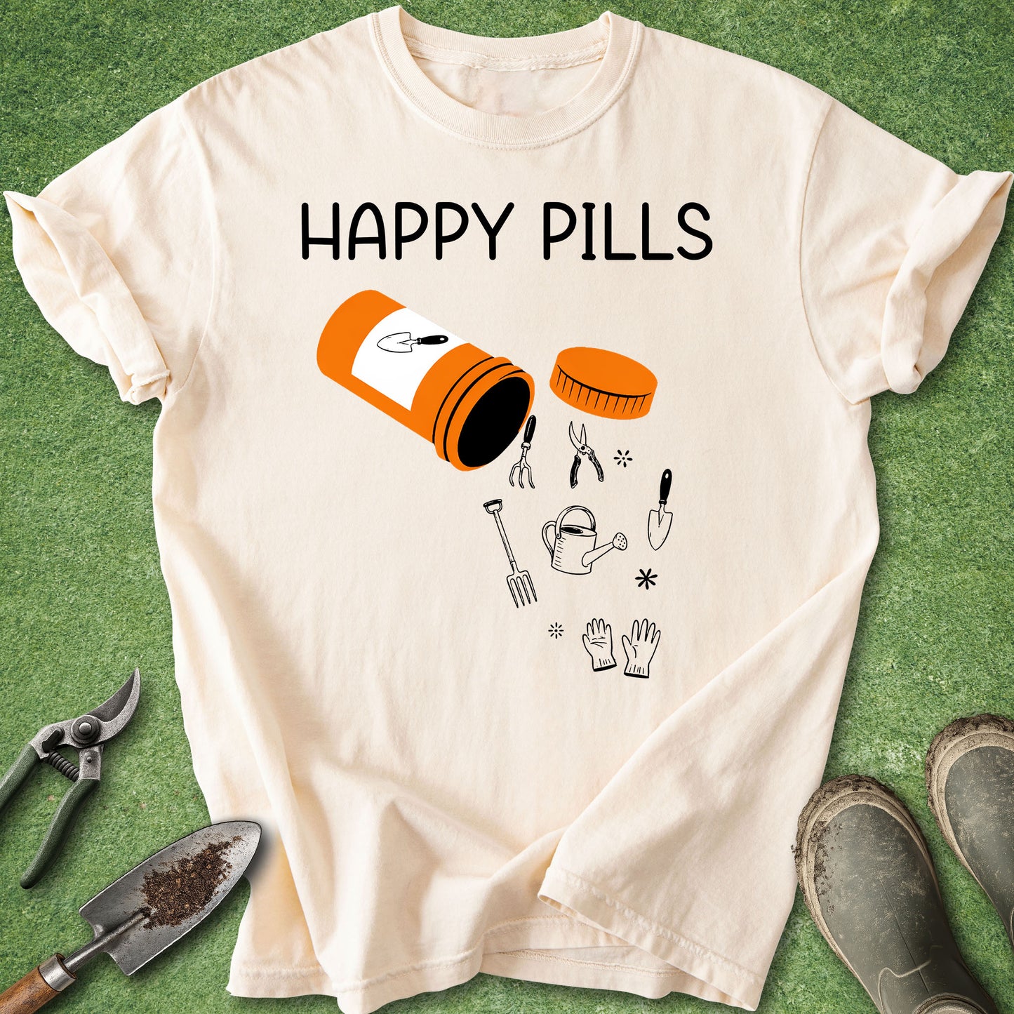 White t-shirt with 'Happy Pills' graphic on a green background